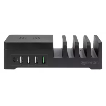Manhattan nabíjacia stanica s bezdrôtovou nabíjacou podložkou (odnímateľná), 1x bezdrôtový, 1x USB-C a 4x USB-A konektory, bezdrôtový výstupný výkon: 2 A, výstupný výkon USB-C: 3 A, výstupy USB-A: 1x 3 A a 3x max. 2,4 A, kábel 1 m, čierna (napájací kábel: euro konektor 2-pólový na C7 prístrojový konektor)