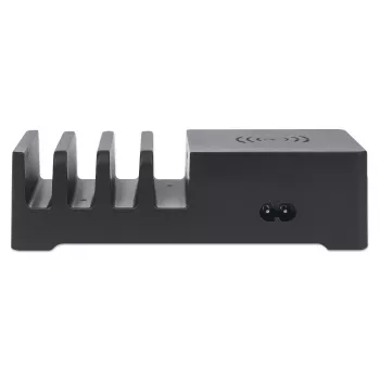 Manhattan nabíjacia stanica s bezdrôtovou nabíjacou podložkou (odnímateľná), 1x bezdrôtový, 1x USB-C a 4x USB-A konektory, bezdrôtový výstupný výkon: 2 A, výstupný výkon USB-C: 3 A, výstupy USB-A: 1x 3 A a 3x max. 2,4 A, kábel 1 m, čierna (napájací kábel: euro konektor 2-pólový na C7 prístrojový konektor)