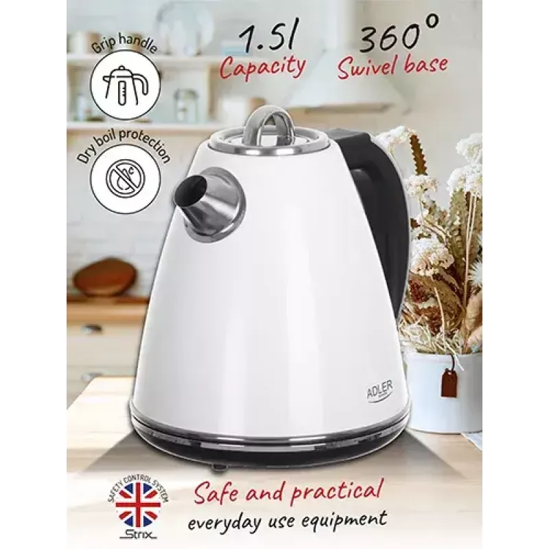 Adler AD 1343 elektrická kanvica, 1,5 l, 1850 W, nerezová oceľ, Strix, biela