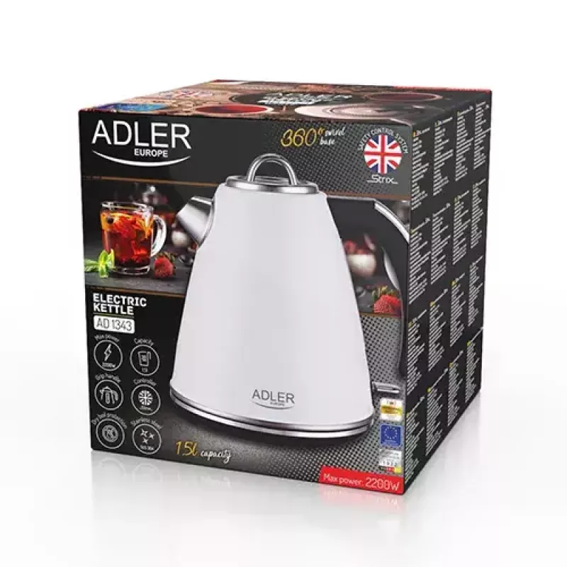 Adler AD 1343 elektrická kanvica, 1,5 l, 1850 W, nerezová oceľ, Strix, biela