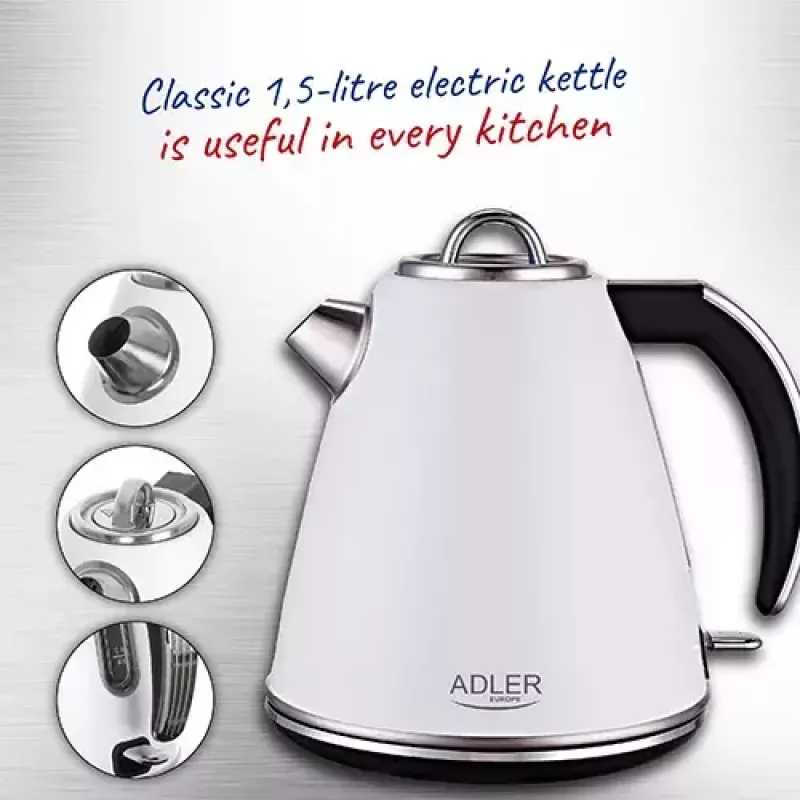 Adler AD 1343 elektrická kanvica, 1,5 l, 1850 W, nerezová oceľ, Strix, biela