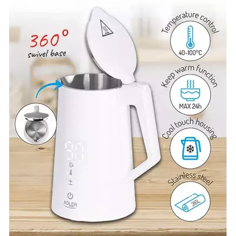 Elektrická rýchlovarná kanvica Adler 1,7 l 1850 W biela