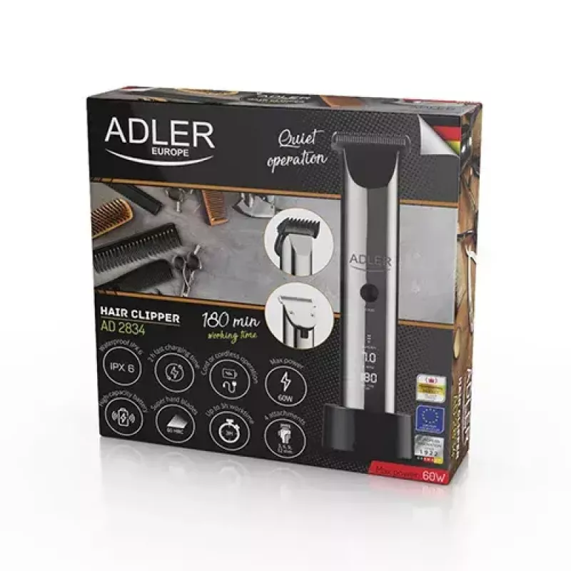 Adler AD 2834 strihací strojček na vlasy, od 3 mm do 1,2 cm, 4 nadstavce, LCD, strieborný