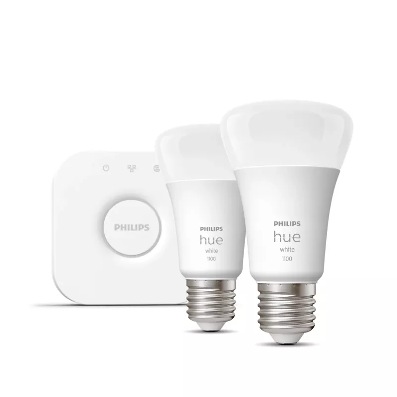 Philips Hue White štartovacia sada: 2 E27 smart žiarovky (1100), smart osvetlenie sada, Bluetooth/Zigbee, biela, LED, E27, A60