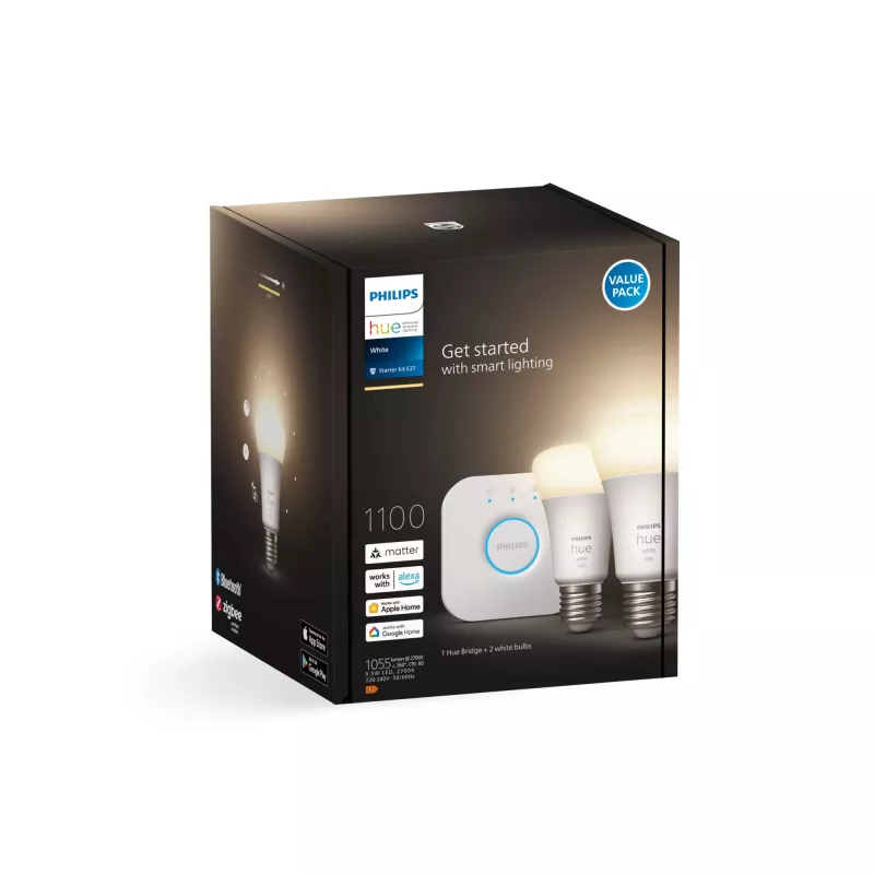 Philips Hue White štartovacia sada: 2 E27 smart žiarovky (1100), smart osvetlenie sada, Bluetooth/Zigbee, biela, LED, E27, A60