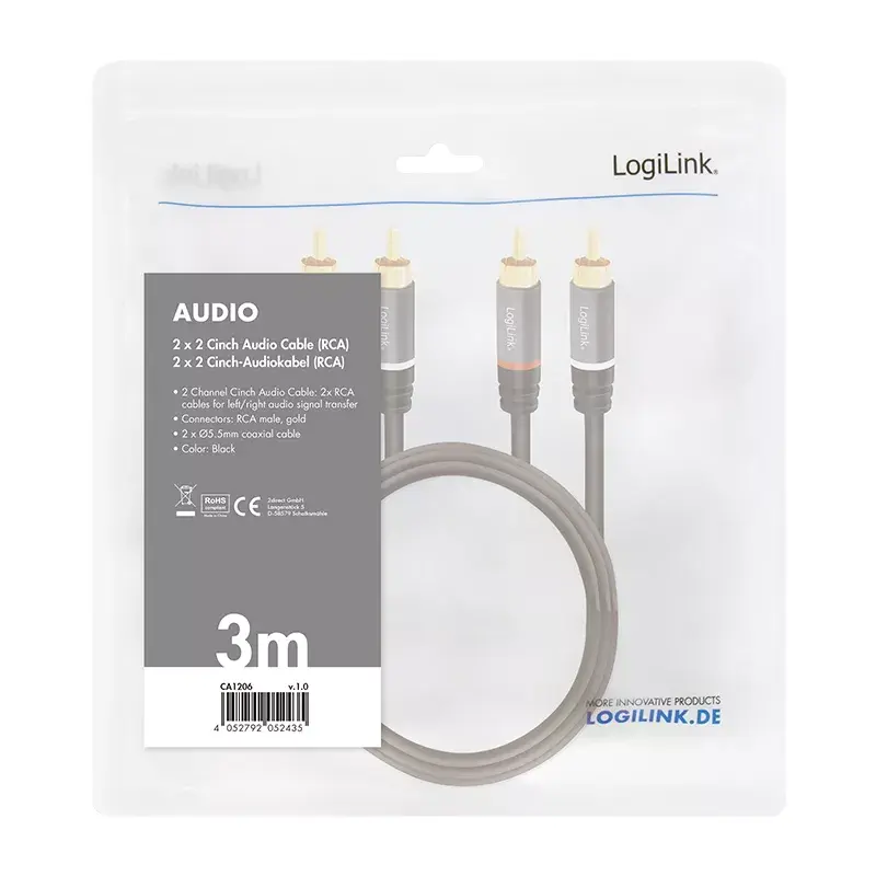 Audio kábel LogiLink CA1206 3 m 2xCinch samec čierny