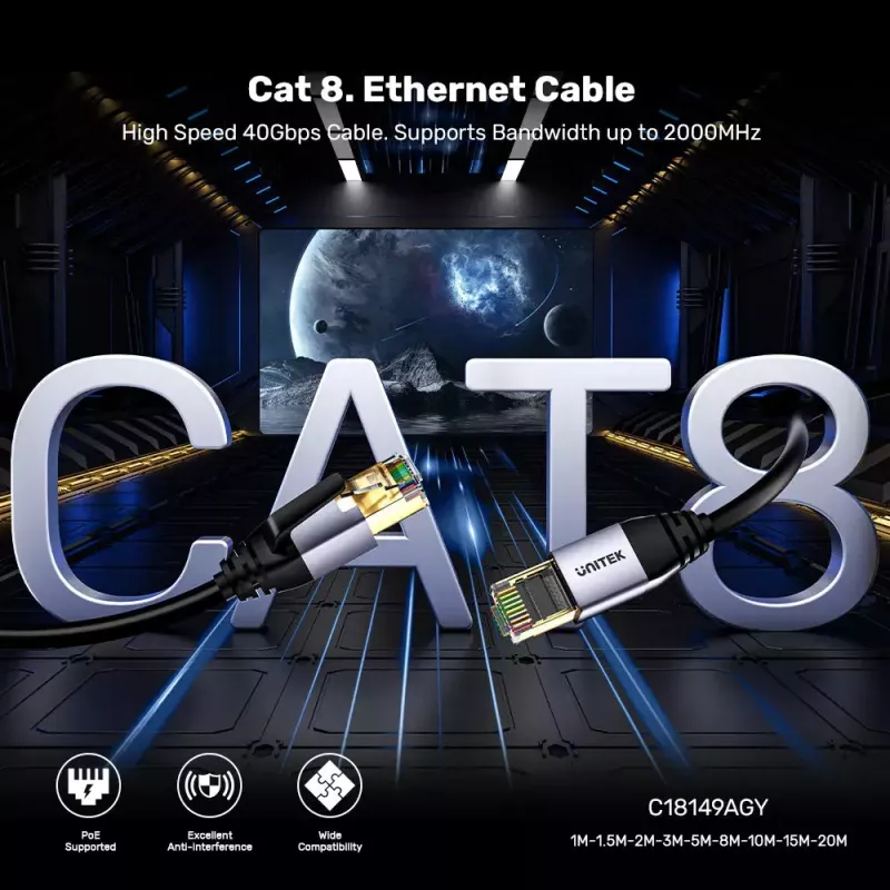 Sieťový kábel UNITEK C18149AGY03-2M RJ-45 Cat8 2 m čierny