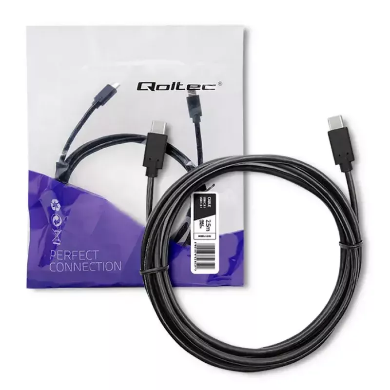 Qoltec 52352 kábel USB-C na USB-C, USB 3.1, 5 Gbit/s, 2,5 m, čierny
