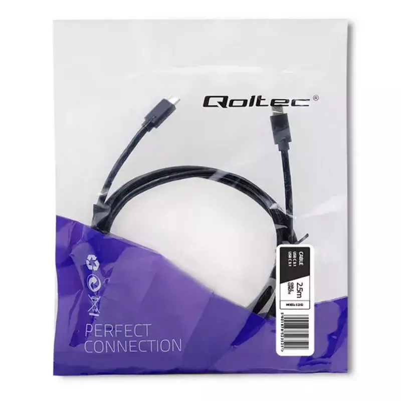 Qoltec 52352 kábel USB-C na USB-C, USB 3.1, 5 Gbit/s, 2,5 m, čierny