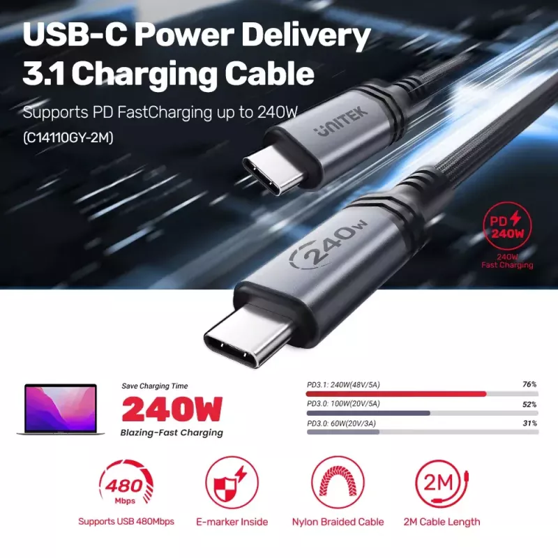 Unitek C14110GY-2M nabíjací kábel USB-C na USB-C, PD 240 W (48 V/5 A), 2 m, čierno-sivý