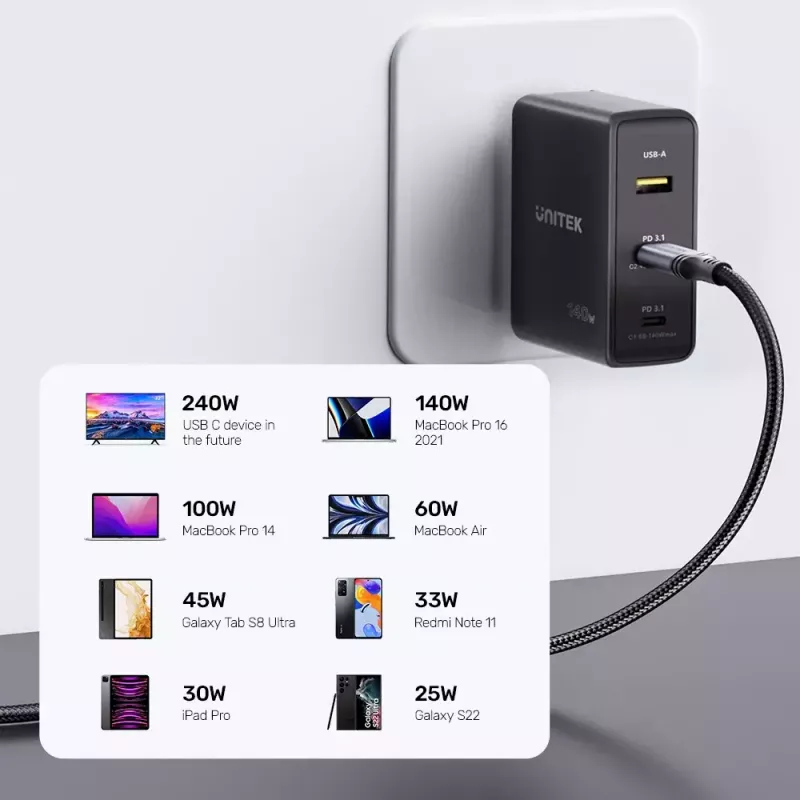 Unitek C14110GY-2M nabíjací kábel USB-C na USB-C, PD 240 W (48 V/5 A), 2 m, čierno-sivý