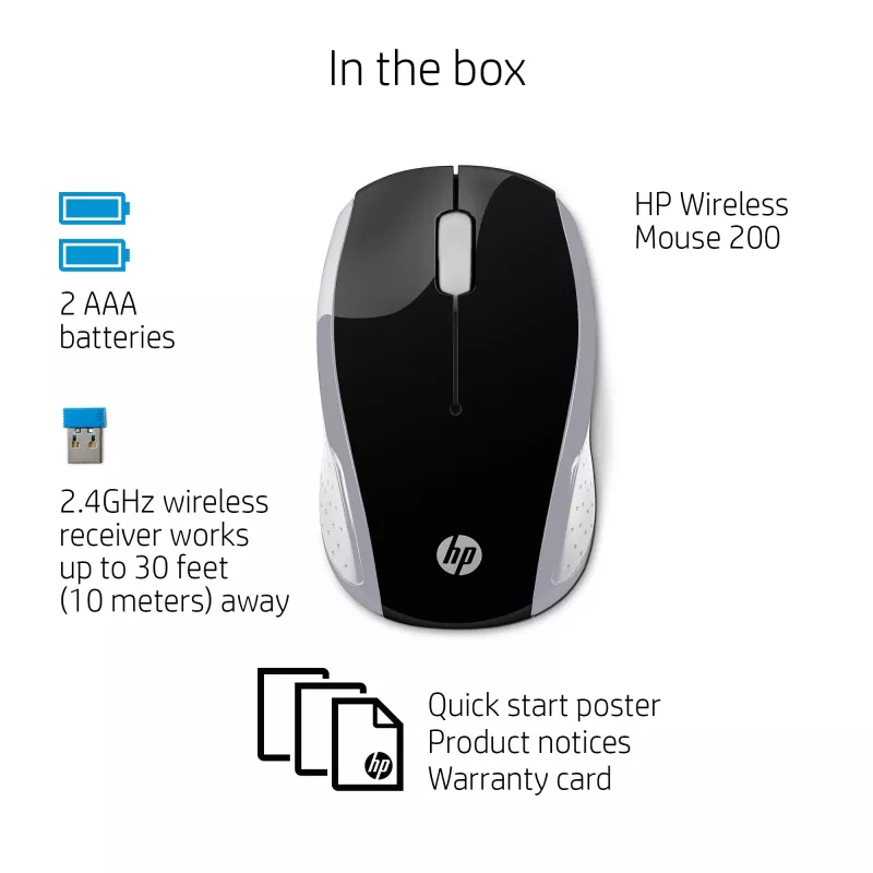 HP Wireless myš 200 (Pike Silver), obojručná, optická, RF Wireless, 1000 DPI, strieborná