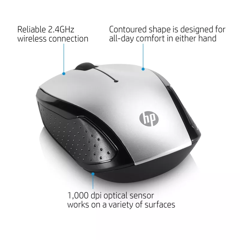 HP Wireless myš 200 (Pike Silver), obojručná, optická, RF Wireless, 1000 DPI, strieborná