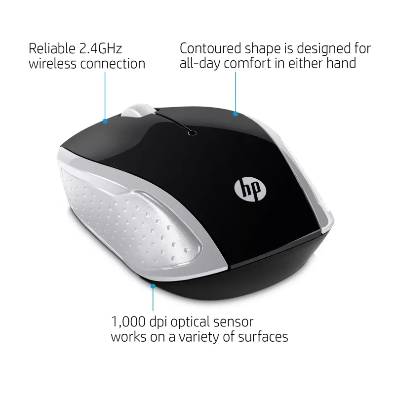 HP Wireless myš 200 (Pike Silver), obojručná, optická, RF Wireless, 1000 DPI, strieborná