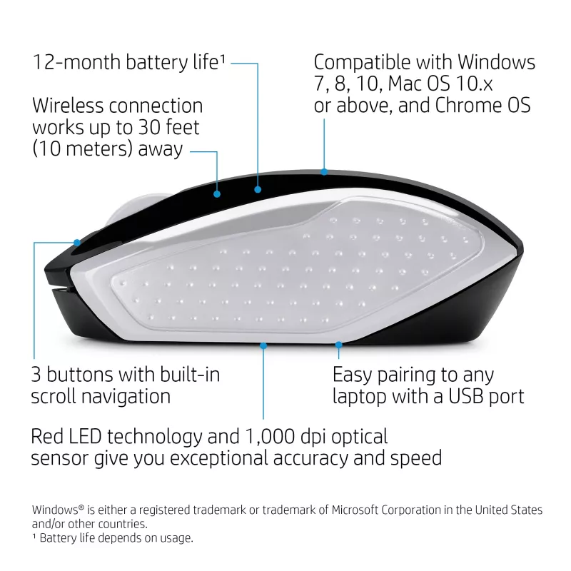 HP Wireless myš 200 (Pike Silver), obojručná, optická, RF Wireless, 1000 DPI, strieborná