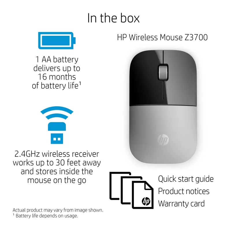 HP Z3700 strieborná bezdrôtová myš, obojručná, optická, RF Wireless, 1200 DPI, strieborná