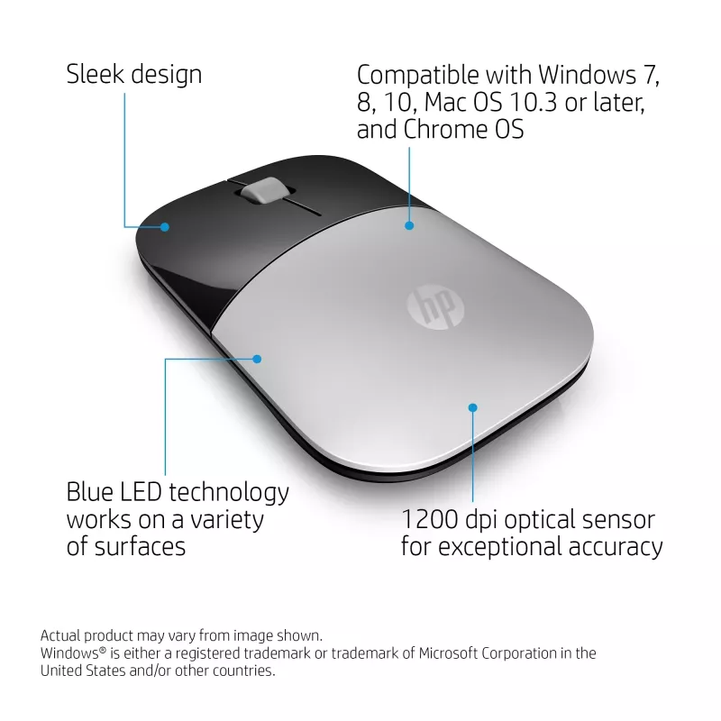 HP Z3700 strieborná bezdrôtová myš, obojručná, optická, RF Wireless, 1200 DPI, strieborná