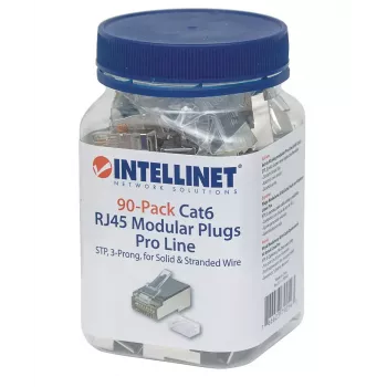 Intellinet RJ45 modulárny konektor samec Pro Line, Cat6, STP, 3-zinkový, pre pevné a lankové vodiče, 50 µ pozlátené kontakty, 90 ks