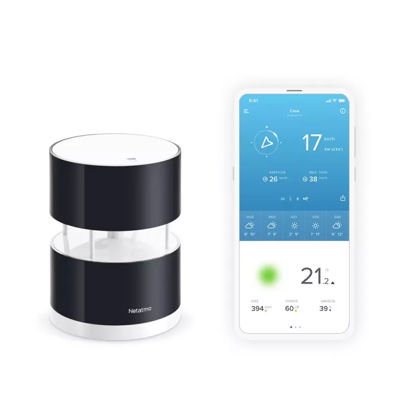 Netatmo NWA01-WW inteligentný anemometer pre meteostanicu, rýchlosť a smer vetra, bezdrôtový, Wi-Fi, 0–45 m/s, dosah 100 m, 4x AA, čierny, priehľadný