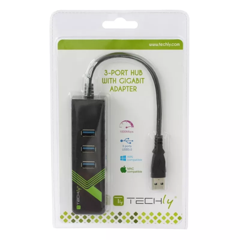 Techly IDATA-USB-ETGIGA-3U2 (105803) adaptér USB 3.0 na Gigabit Ethernet s 3-portovým rozbočovačom USB 3.0, USB-A, RJ45, hliník