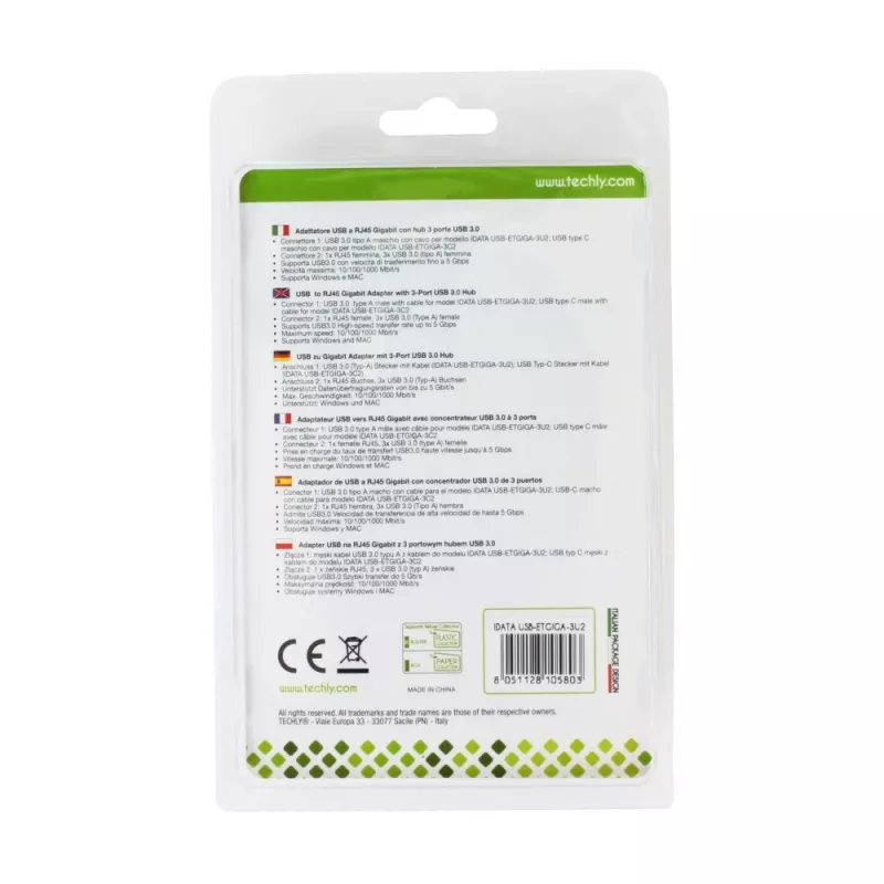 Techly IDATA-USB-ETGIGA-3U2 (105803) adaptér USB 3.0 na Gigabit Ethernet s 3-portovým rozbočovačom USB 3.0, USB-A, RJ45, hliník