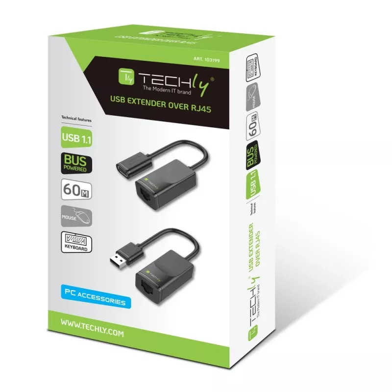 Techly IUSB-EXTENDTY2 káblový adaptér RJ-45 USB 2.0 Type-A čierny