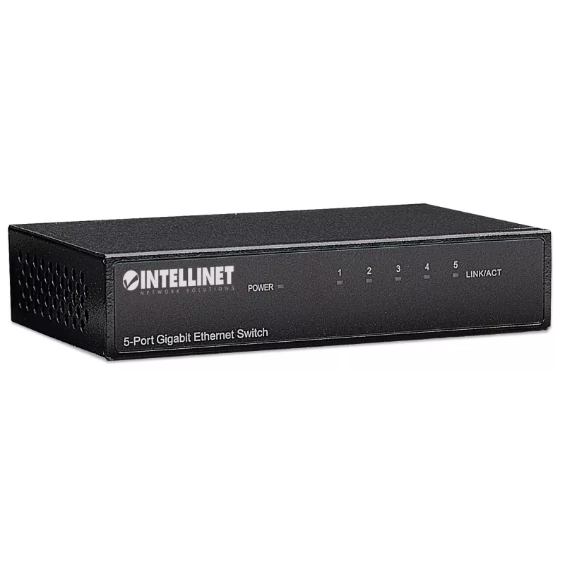 Intellinet 5-portový Gigabit Ethernet switch, veľkosť pre stôl, kovové puzdro, IEEE 802.3az (Energy Efficient Ethernet)