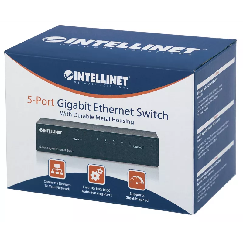 Intellinet 5-portový Gigabit Ethernet switch, veľkosť pre stôl, kovové puzdro, IEEE 802.3az (Energy Efficient Ethernet)