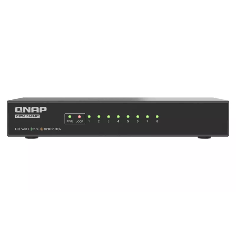 QNAP QSW-1108-8T-R2 nespravovaný sieťový prepínač, 8x 2,5GbE RJ45 (10/100/1000/2500 Mb/s), stolný, bez ventilátora, čierno-sivý