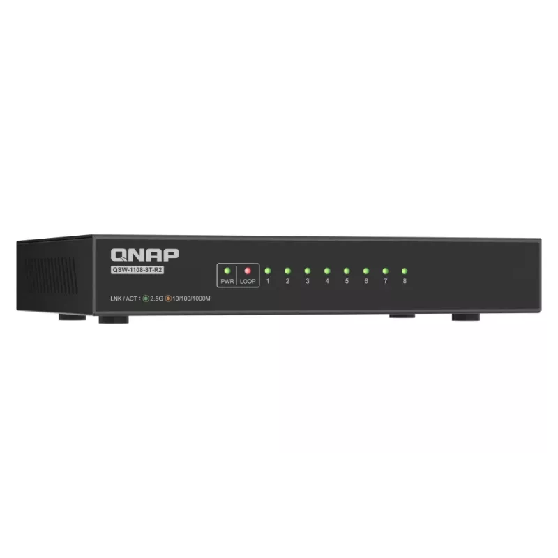 QNAP QSW-1108-8T-R2 nespravovaný sieťový prepínač, 8x 2,5GbE RJ45 (10/100/1000/2500 Mb/s), stolný, bez ventilátora, čierno-sivý