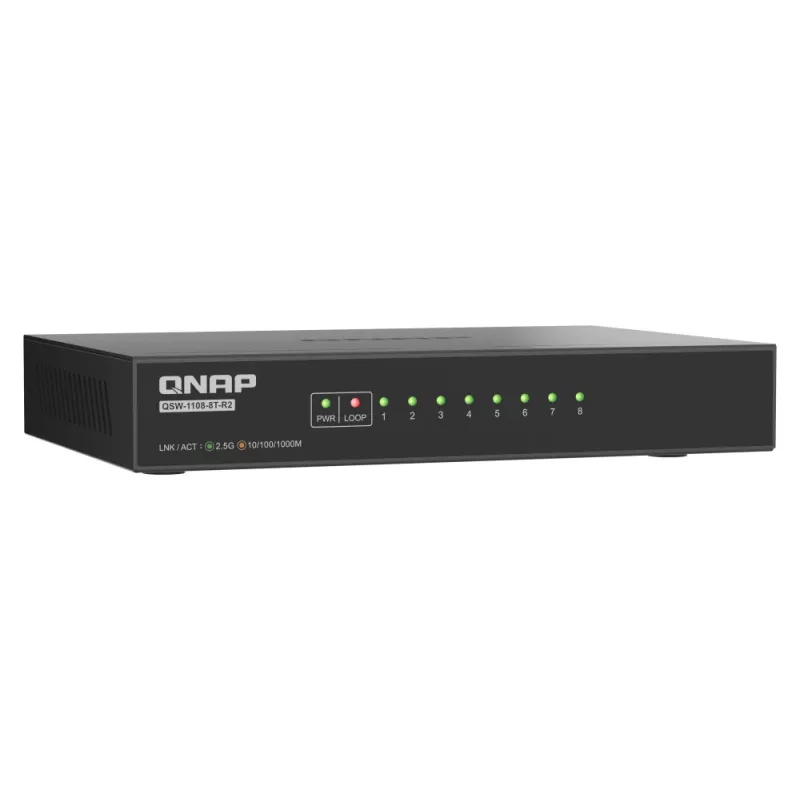 QNAP QSW-1108-8T-R2 nespravovaný sieťový prepínač, 8x 2,5GbE RJ45 (10/100/1000/2500 Mb/s), stolný, bez ventilátora, čierno-sivý