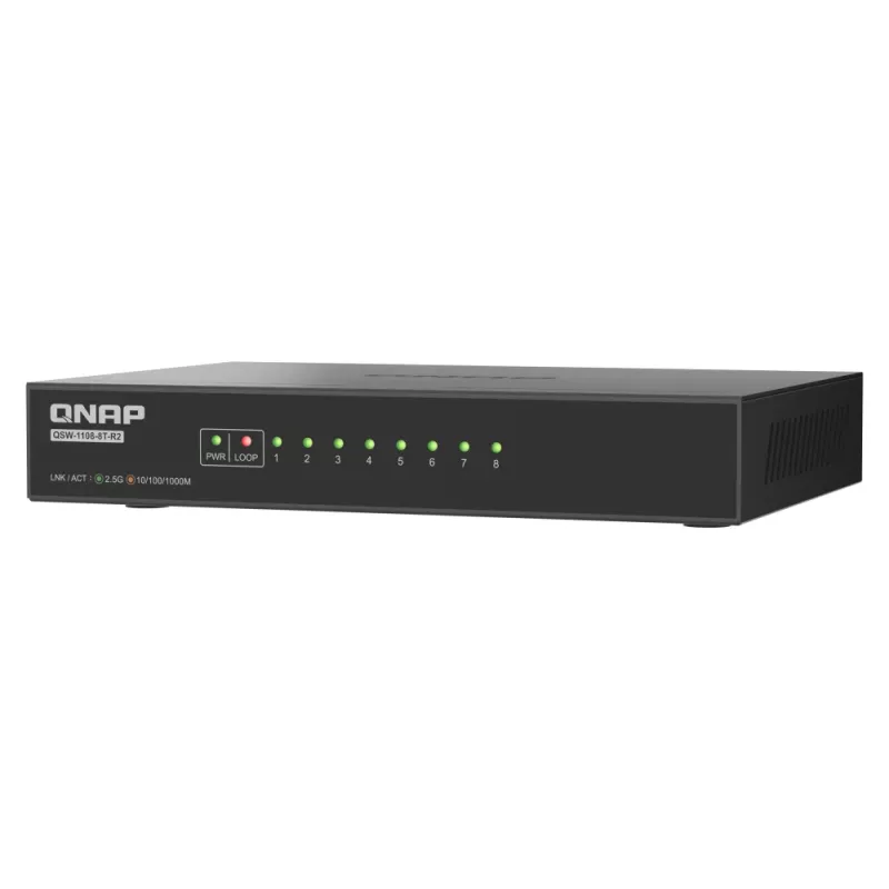 QNAP QSW-1108-8T-R2 nespravovaný sieťový prepínač, 8x 2,5GbE RJ45 (10/100/1000/2500 Mb/s), stolný, bez ventilátora, čierno-sivý