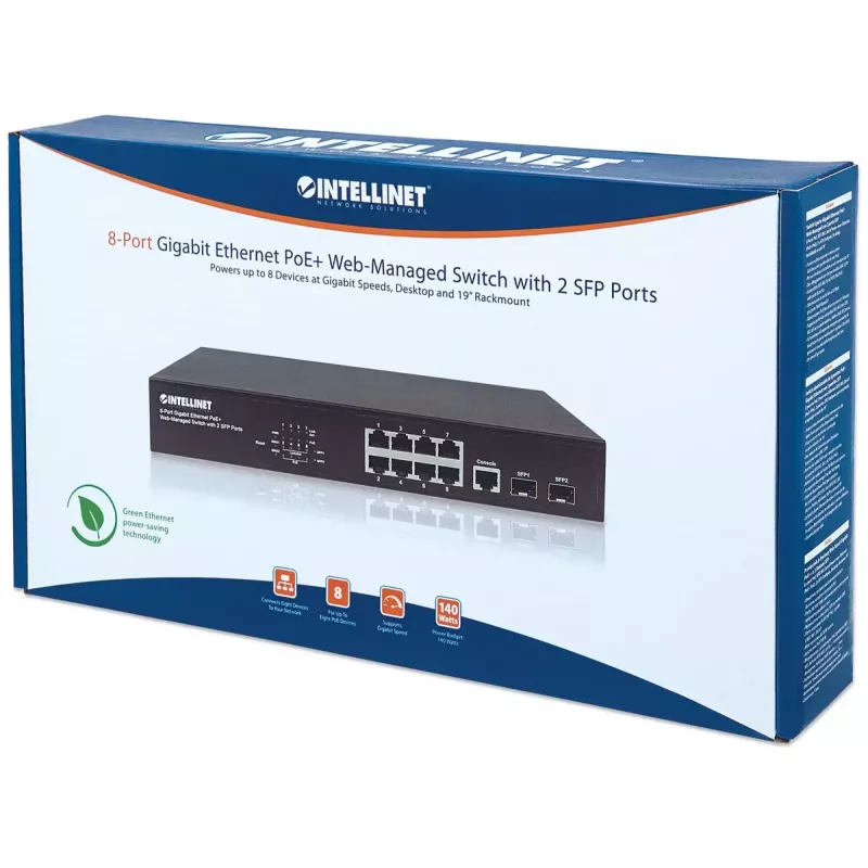 Upravovaný switch Intellinet 8-portový Gigabit Ethernet PoE+ s 2 SFP portmi
