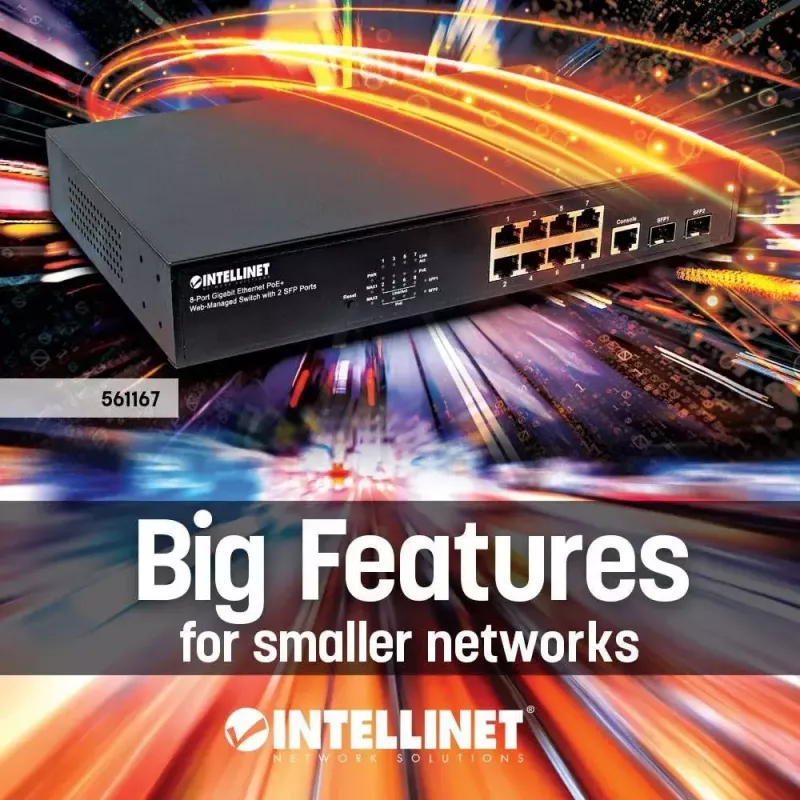 Upravovaný switch Intellinet 8-portový Gigabit Ethernet PoE+ s 2 SFP portmi
