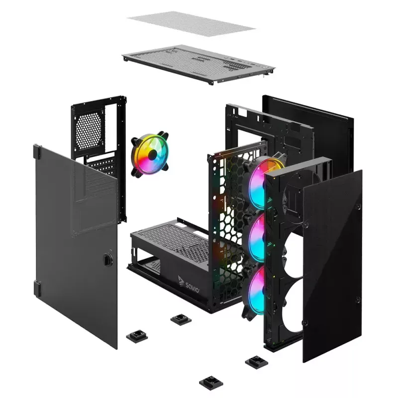 PC skriňa SAVIO Prime X1 ARGB sklo Midi Tower čierna – tvrdené sklo, ARGB ventilátor, podpora micro ATX/ATX