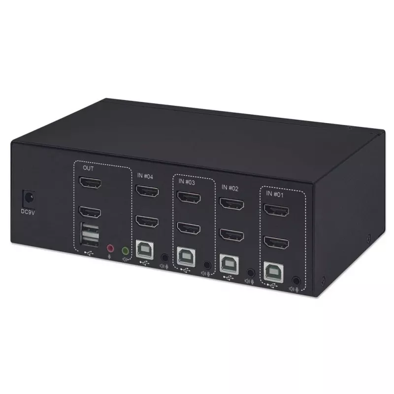 KVM prepínač Manhattan 4-portový 4K@30Hz USB-A audio mikrofón