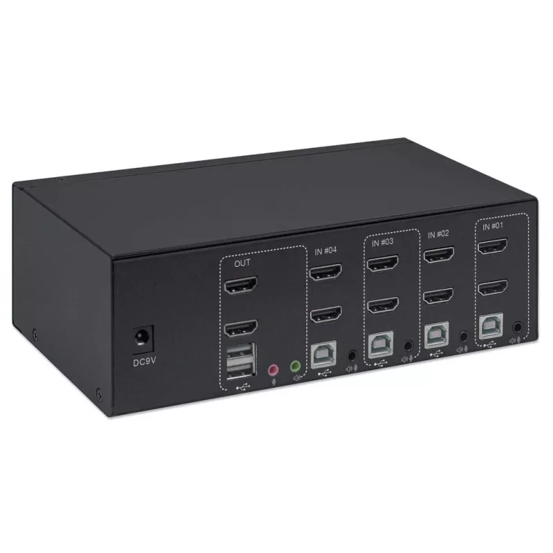 KVM prepínač Manhattan 4-portový 4K@30Hz USB-A audio mikrofón