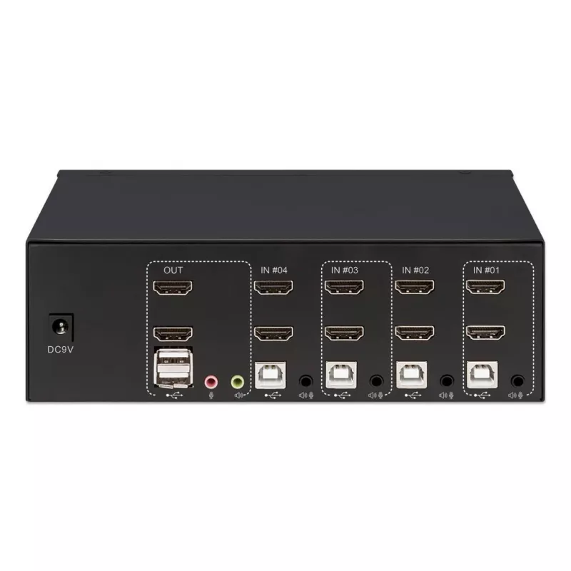 KVM prepínač Manhattan 4-portový 4K@30Hz USB-A audio mikrofón