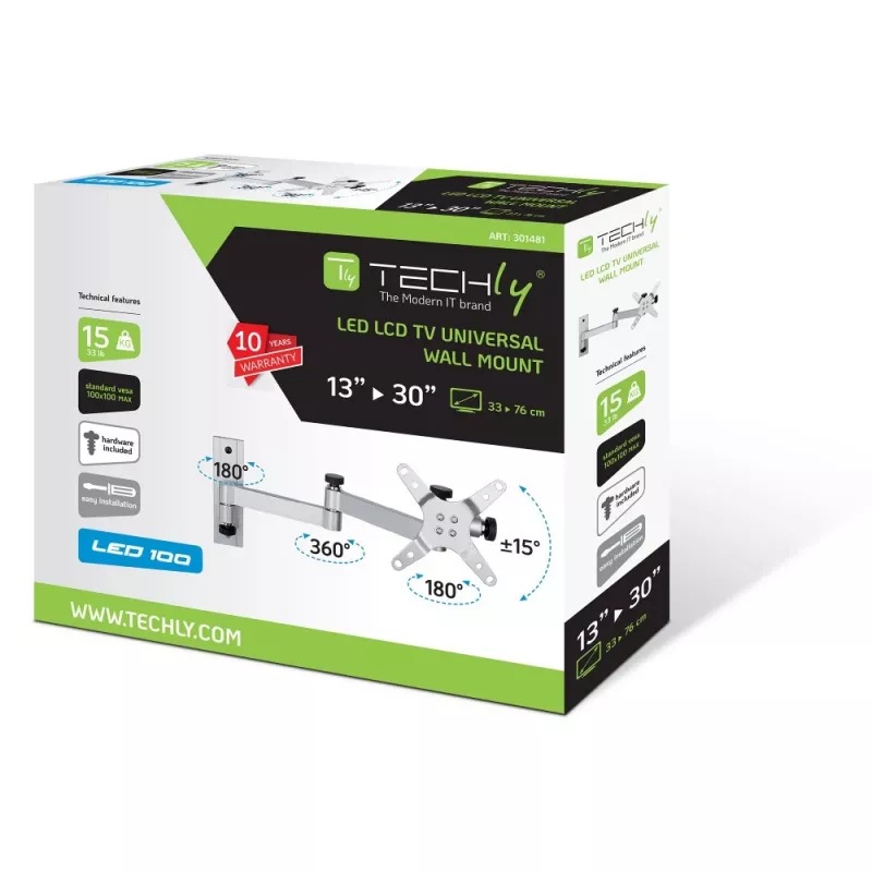 Techly ICA-LCD 104 nástenný držiak pre LCD 13–30 palcov, 3 kĺby, naklápací a otočný, do 15 kg, VESA 75x75/100x100, strieborný