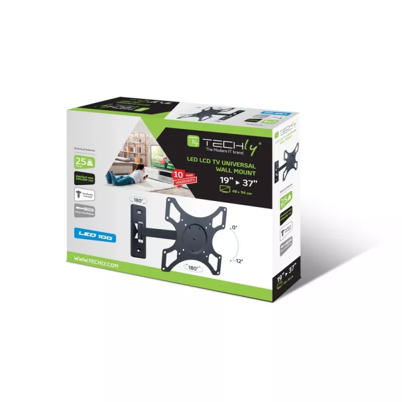 Techly ICA-LCD 2901 nástenný držiak pre LCD televízor 13–37 palcov, naklápací a otočný, do 25 kg, VESA 75x75–200x200, čierny