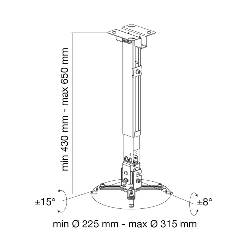 Techly ICA-PM 16 stropný držiak projektora, do 20 kg, nastaviteľný 43–65 cm, naklápací a otočný, strieborný