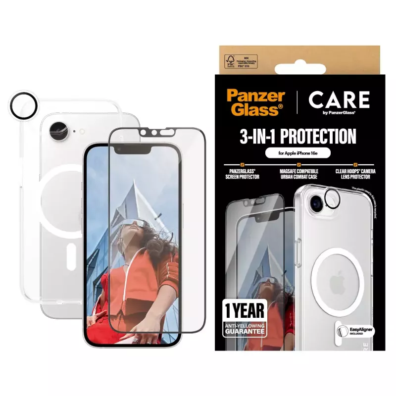PanzerGlass CARE by ® Flagship 3-in-1 sada iPhone 16e odolná voči poškriabaniu a nárazom