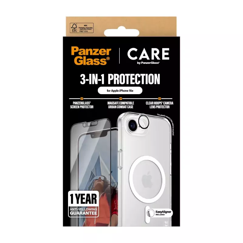 PanzerGlass CARE by ® Flagship 3-in-1 sada iPhone 16e odolná voči poškriabaniu a nárazom