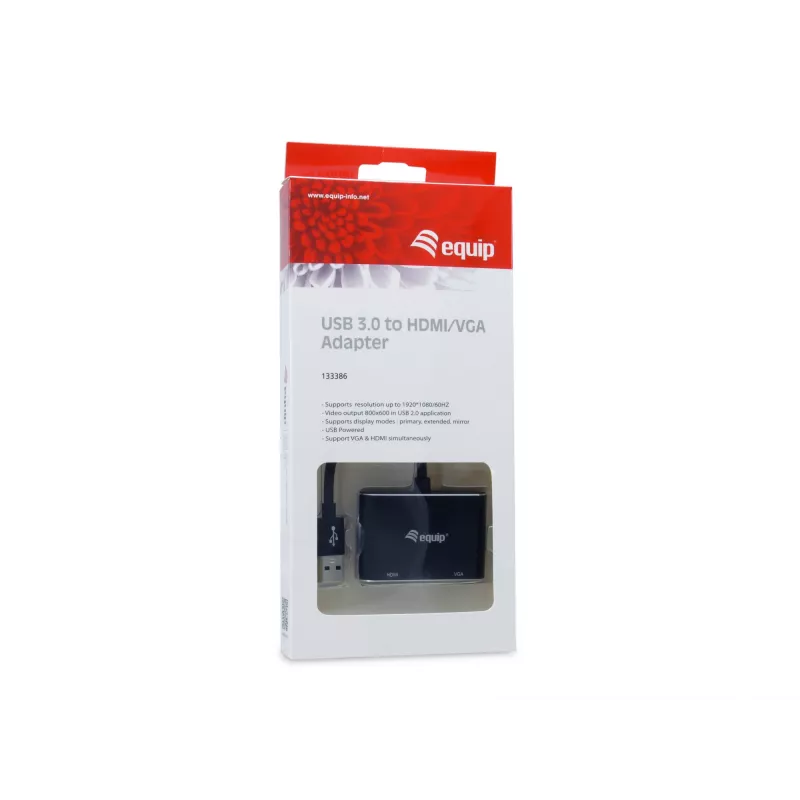 Equip 133386 adaptér USB 3.0 na HDMI/VGA (HD15) pre dva monitory, USB 3.2 Gen 1 Type-A, 1920x1080