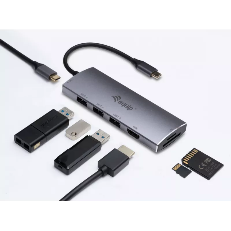 Equip 133482 multifunkčný adaptér USB-C 7 v 1, USB 3.2 Gen 1, HDMI 4K 30 Hz, 3x USB 3.0, SD/microSD, USB-C PD 100 W, hliník