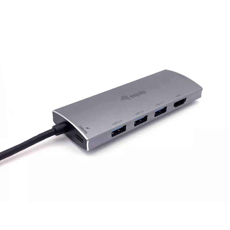 Equip 133482 multifunkčný adaptér USB-C 7 v 1, USB 3.2 Gen 1, HDMI 4K 30 Hz, 3x USB 3.0, SD/microSD, USB-C PD 100 W, hliník