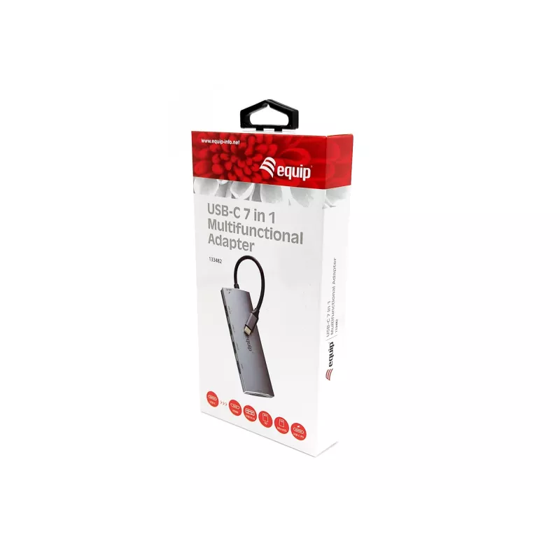 Equip 133482 multifunkčný adaptér USB-C 7 v 1, USB 3.2 Gen 1, HDMI 4K 30 Hz, 3x USB 3.0, SD/microSD, USB-C PD 100 W, hliník