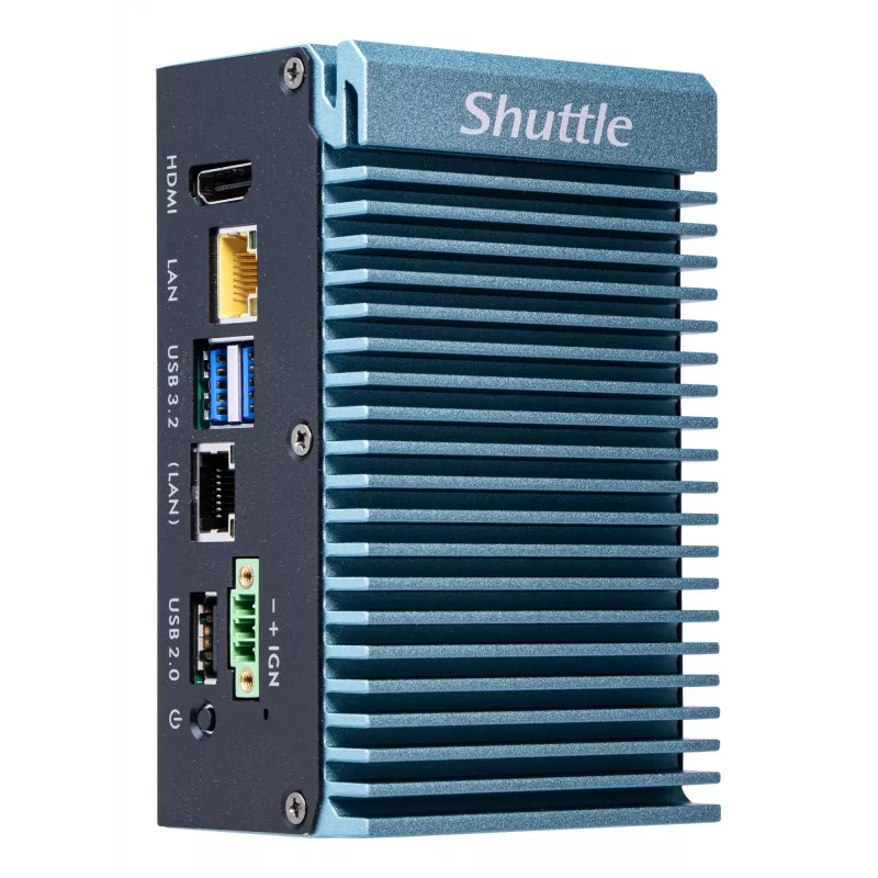 Shuttle Edge PC SPCEL02, Intel Celeron J6412, 1x HDMI, 2x 2.5G LAN, 1x COM, DIO (4x in, 4x out), 3x USB, 2x M.2, 12-24V, 24/7 nepretržitá prevádzka, bez ventilátora, vrátane VESA a DIN držiaka