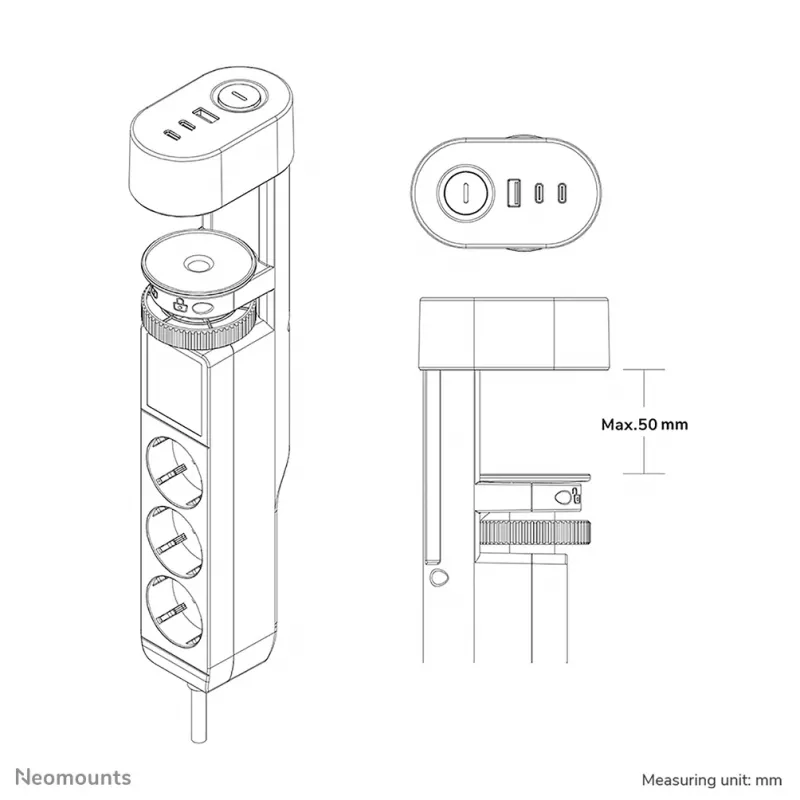 Neomounts DS22-840BL6 stolová zásuvka so svorkou a USB-C a USB-A konektormi – rýchle nabíjanie