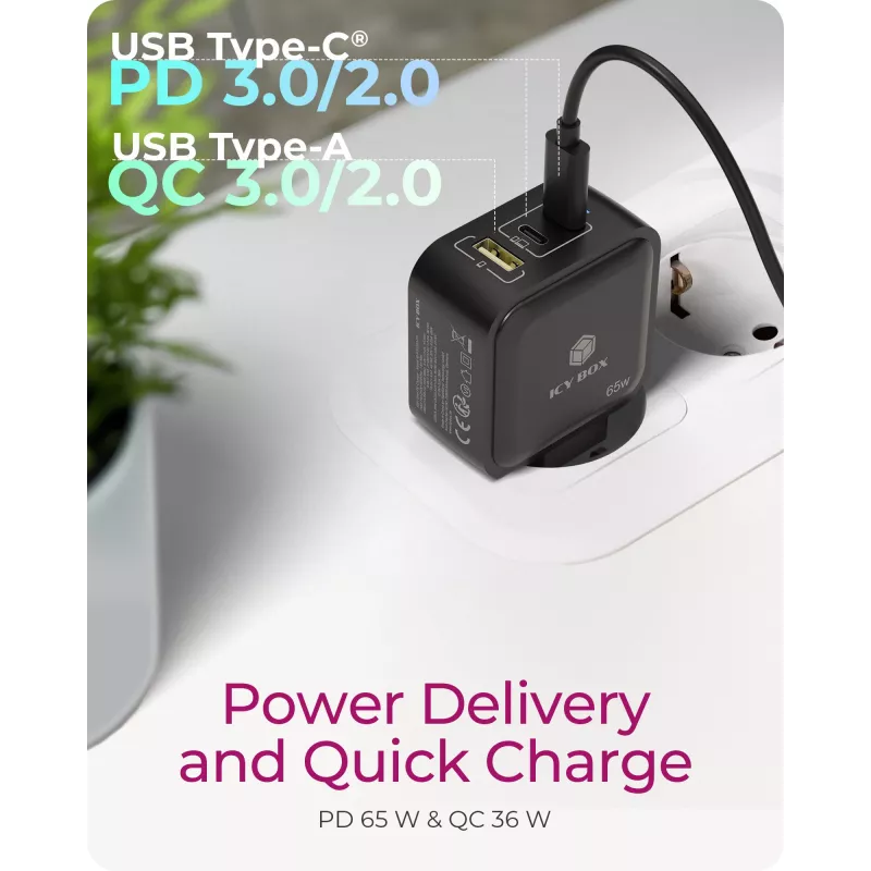 Nabíjačka Indoor ICY BOX IB-PS1030-PD univerzálna čierna rýchle nabíjanie